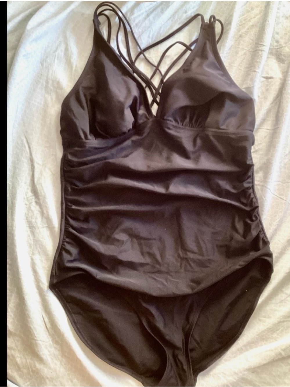 XL Black MERONA SWIMSUIT Ruched Bathing Suit Double Criss Cross Straps Back